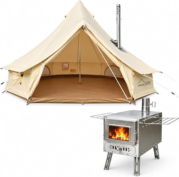 DANCHEL OUTDOOR 4 Season Canvas Yurt Tent with Large Wood Stove, Heavy Duty Bell Tent with Stove Jack 4-8 Person Winter Camping Glamping, 13ft/16.4ft/20ft