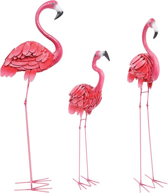 3Pcs Pink Flamingo Yard Decorations, Metal Flamingo Garden Statues, Flamingo Outdoor Sculptures Yard Art Decoration, Standing Bird Lawn Ornaments for Home, Patio, Backyard Decor