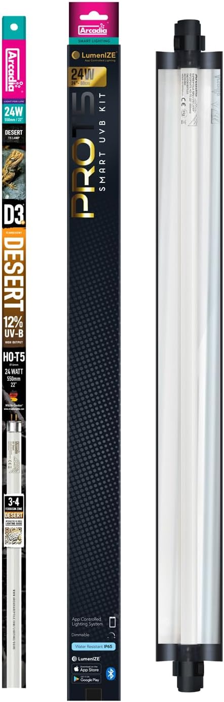Arcadia LumenIZE ProT5 Reptile Light Fixture Kit 24" Long 24 Watts 12% UVB Desert – Smart UVB Light for Reptiles, Turtles, Snake, Bearded Dragon Lamp, Long Lasting Easy to Use Professional Lighting