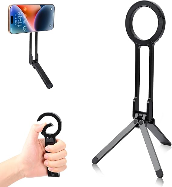 Universal Magnetic Phone Tripod Stand, Foldable Aluminum Alloy Quick Mount with Strong Magnet, Portable Pocket Size for iPhone Android Smartphones, Travel & Daily Vlog Shooting (Black)