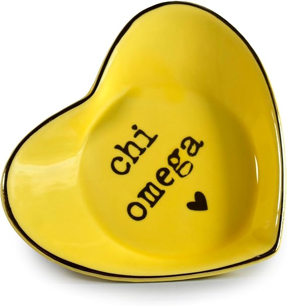 Sorority Shop Chi Omega Jewelry Dish - Heart-Shaped High-gloss finish Ceramic tray with Gold Detailing, Multi-Function Ceramic Ring Dish for Home or Office, Ideal for Jewelry and Keys