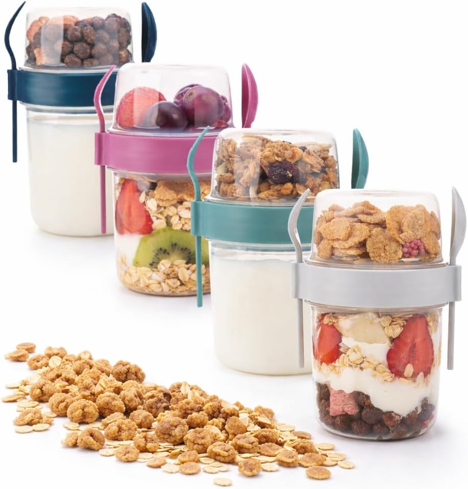 4-Pack Reusable Yogurt Parfait Cups with Lids & Built-In Spoon & Fork – BPA-Free Dual-Compartment Containers for Breakfast, Oatmeal, Granola, Gym, Travel – Leakproof & Dishwasher Safe – (22 oz-650 ml)