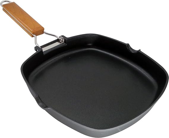 WECOOK! Ecostone Grill Induction Smooth 9.4 x 24 cm, Non-stick ILAG PFOA-free, Cast Aluminum, 5 mm Thick, Folding Wooden Handle, Suitable for All Cookers, Ceramic, Gas