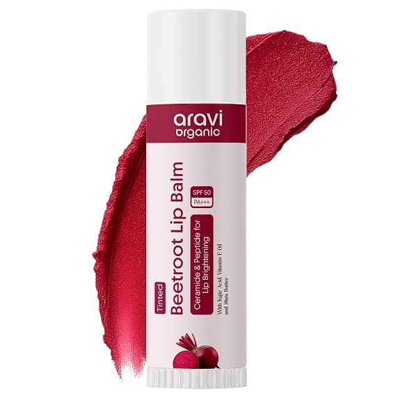 Aravi Organic Tinted Beetroot Lip Balm with SPF 50 PA+++ | With Kojic Acid, Ceramide & Peptide | For Dark, Chapped & Pigmented Lips | SLS & Paraben Free | 0.17 Ounce / 5 gm