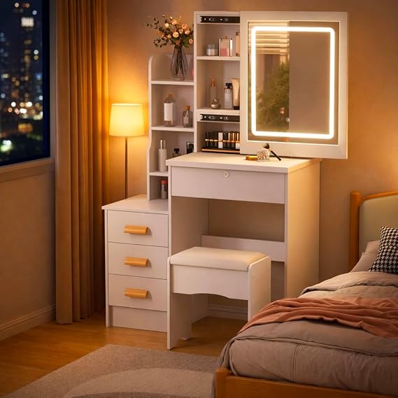 Vanity Desk with Sliding Mirror and 3 Modes Lights, Makeup Table with 4 Drawers & 7 Shelves, Bedroom Dressing Table with Hidden Storage Space White