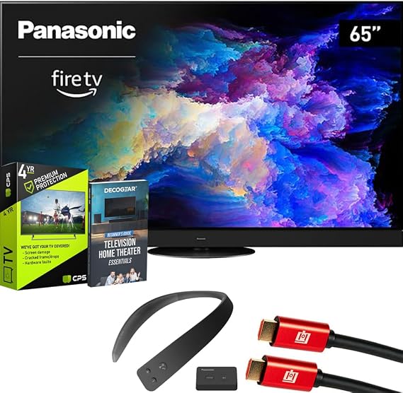 Panasonic TV-65Z95AP Z95 65-inch OLED 4K UHD Smart Fire TV 2024 Bundle with WN10 Neck Speaker, 4 YR CPS Enhanced Protection, 2X HDMI Cable & Deco Gear Complete Home Theater Beginner's Guidebook