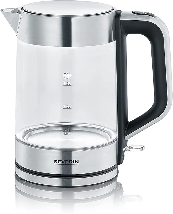 SEVERIN WK 3420 Glass Kettle with XXL Filling Volume 1.7 L, Powerful Compact Electric Kettle with Anti-Limescale Filter, 2200 W, Glass and Stainless Steel