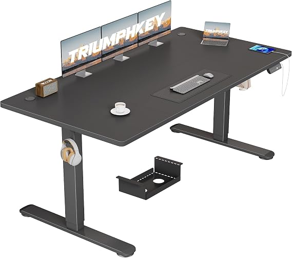 TRIUMPHKEY Electric Standing Desk 160x80cm Height Adjustable Desk with 3 Memory Smart Pannel with USB Charging for Home Office Rising Electric Table(Black&Black)