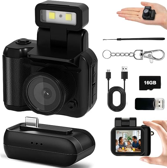 Mini Retro Video Camera Digital, Mini Keychain Camera with Sd Card, Portable Tiny Nostalgic Digital Camera, 1080p Hd with Led Flash Light (Black 16GB)