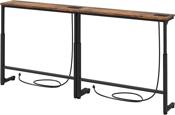 Kitstorack 70.8" Extra-Long Behind Couch Table, Height Adjustable Narrow Console Table with 2 Power Strips, Anti-Tip Wall Screws, Rustic Brown Finish, Split Design for Flexible Use