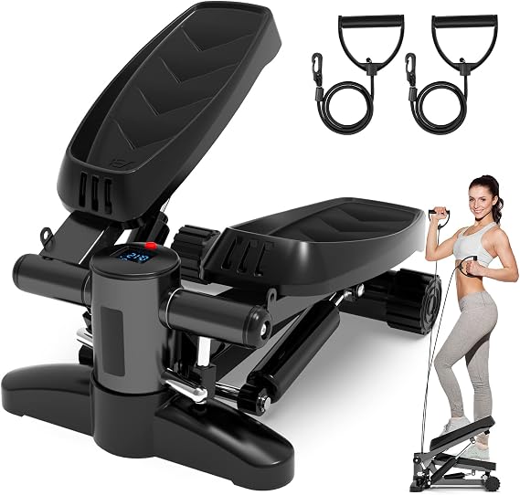 Tohoyard Steppers for Exercise, Mini Stepper Machine with Resistance Bands & Calories Count, Stair 330 lbs Weight Capacity, Portable Equipment Home Workout, Dark Black