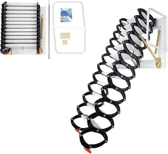 10 Ft Heavy-Duty Steel Collapsible Attic Ladder Pull Down System, 12 Steps Wall-Mounted Scissor Attic Ladder with Handrails, 882 lbs Capacity,Folding Stairs for Attics, Garages, Roofs (Black)