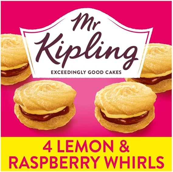 Mr Kipling Lemon & Raspberry Viennese Whirls Cakes, 4 Pack | Light & Buttery Shortcake Swirls, Filled with Raspberry Jam & Lemon Crème, Perfect for Snacking, Suitable for Vegetarians