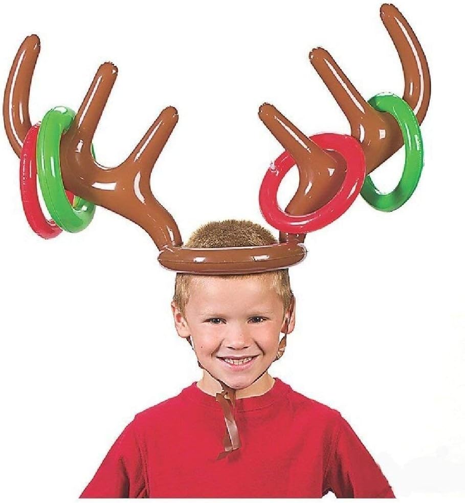 VEYLIN Christmas Party Toss Game Inflatable Reindeer Antler Hat with Rings for Kids Adults Family Xmas Fun Games