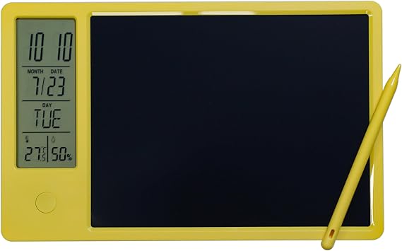 Electronic Digital Calendar with 9.5 inches LCD Writing Tablet Memo Board and Stylus, Time&Day&Temperature&Humidity Display for Office Student Home Work, Yellow