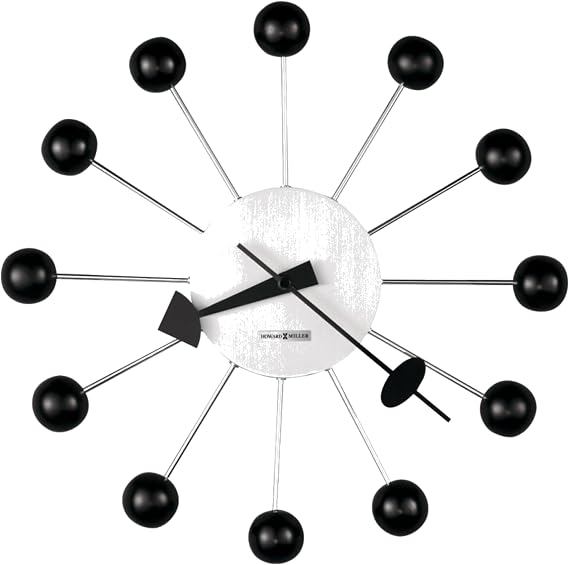 Howard Miller Ball Wall Clock 625-333 – Brushed Nickle-Finished Center with 12 Black Satin Balls, Nickle-Finished Rods, Black Hands Duo-Tone Style, Quartz Movement