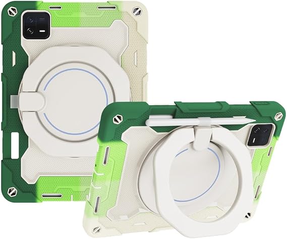 IVY Handheld Rotating Ring Bracket Armour Silicone Case for Xiaomi Pad 6 / Pad 6 Pro 11 inch 2023 Tablet - [Shoulder Strap][Angle Adjustment][Pencil Holder] - Colorful Green