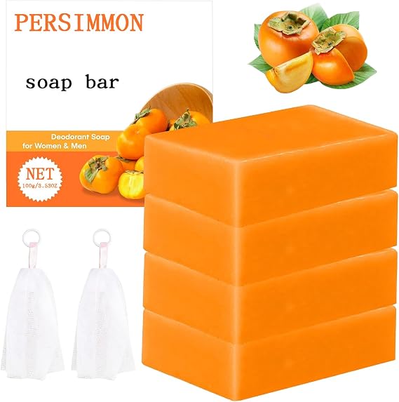 FunnAura 4 Pcs Persimmon Soap, Handmade Persimmon Soap with Foaming Nets for Women Men with Coconut Oil Strong Odor Smell