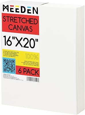 MEEDEN Stretched Canvas, 16 20 Inch, Pack of 6, Blank White Canvases for Painting, 100% Cotton, 8 oz Gesso-Primed, Pre-Stretched Canvas for Acrylic Oil Pouring & Airbrushing Painting