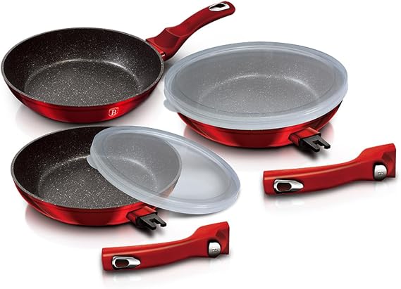 Metallic Line Burgundy Edition 5 Piece Frying Pan Set with Removable Handle, Metallic Line