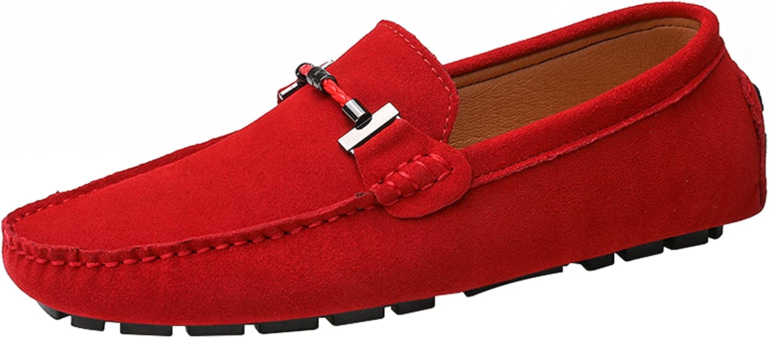Flat Loafer for Men Suede Leather Slip-on Dress Driving Moccasins Casual Boat Shoes Red 8.5/42