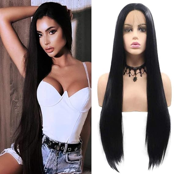Black Lace Front Wig Pre Plucked Hairline Long Straight Real Hair Wigs for Women Glueless Wigs Middle Part Synthetic Heat Resistant Fiber Hair Replacement Wigs Copsplay Daily Wigs 24 Inch