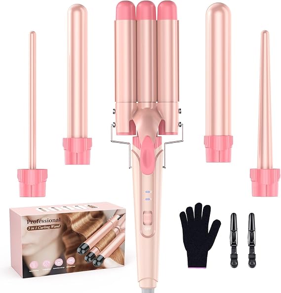 Waver Curling Iron Wand - BESTOPE PRO 5 in 1 Curling Wand Set with 3 Barrel Hair Crimper for Women, Fast Heating Crimper Wand Curler in All Hair Type, Women Gifts - Leather Pink