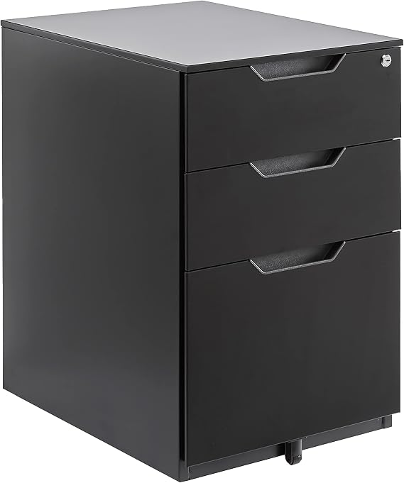 Amazon Basics 3-Drawer Mobile File Cabinet with Lock, Rolling Filing Cabinet for Hanging Files, Black, 20.71" D x 15.51" W x 24.29" H | With Lock