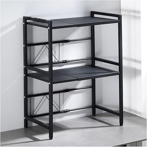 Kitchen Microwave Stand with Adjustable Shelf and Hooks for Storage BlackS (Black-Large)