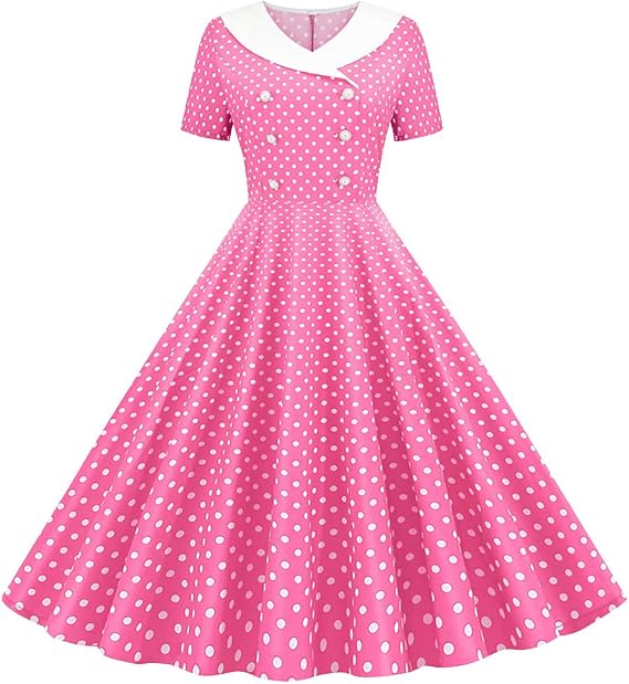 IKADEX Women 50s 60s Retro Rockabilly Swing Sailor Dress Polka Dot Lapel V-Neck Cocktail Party Tea Dresses