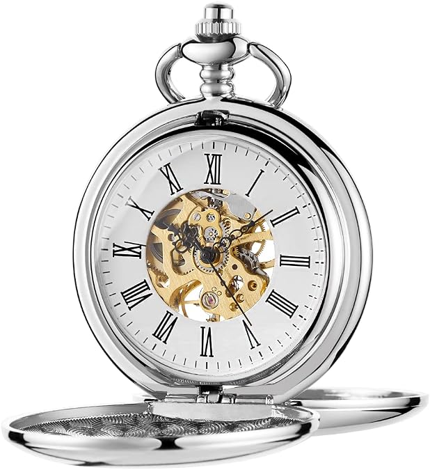 Silver Smooth Double Open Hunter Mechanical Pocket Watch for Mens