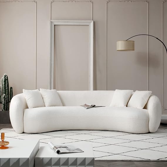 JUSTONE 101" Mid Century Modern Curved Living Room Sofa, 4-Seat Boucle Fabric Couch for Bedroom, Office, Apartment, Beige