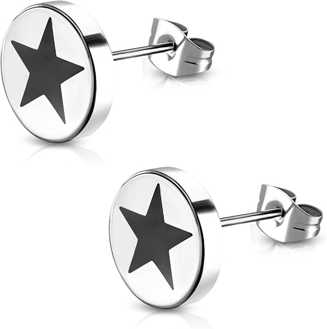 Stainless Steel Two-Tone Illusion Full All Star Shield Round Circle Button Stud Post Earrings