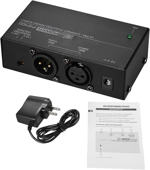 48V 12V Microphone Phantom Power Supply, Dual Voltage Ultra Low Noise Condenser Mic PSU with All Metal Casing and Power Adapter, for Professional Recording Studio Equipment (US Plug)