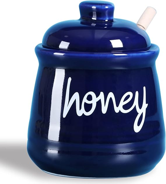 ONTUBE Honey Jar with Dipper and Lid, Ceramic Honey Pot 12oz (Navy)