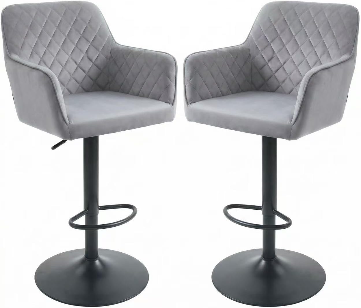 Alivio Modern Velvet Bar Stools – Adjustable Swivel Counter Height Chairs with Quilted Backrest, Armrests & Footrest, Hydraulic Gas Lift Kitchen Island Bar Chairs 360 Degree Swivel (Set of 2, Grey)