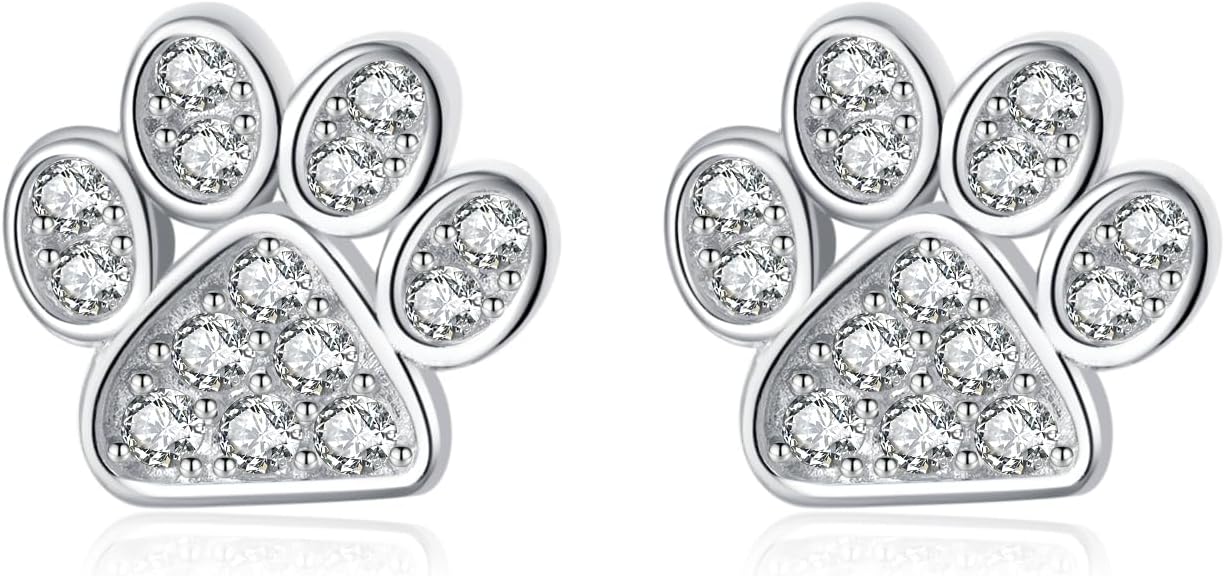 SLUYNZ Sterling Silver Dog Cat Paw Earrings Studs for Women Teens CZ Cute Paw Earrings Stud
