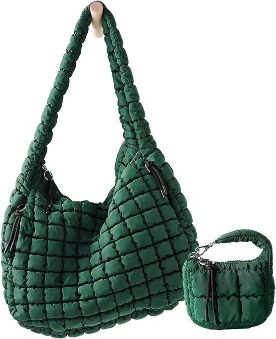 Large Quilted Puffer Tote Bag for Women Mini Pouch 2 Set Puffy Carryall