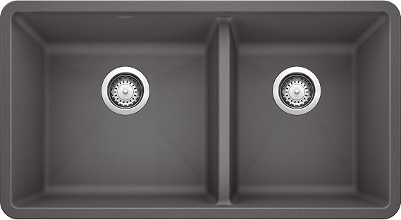 BLANCO Precis SILGRANIT 33" 60/40 Double Bowl Kitchen Sink, Cinder
