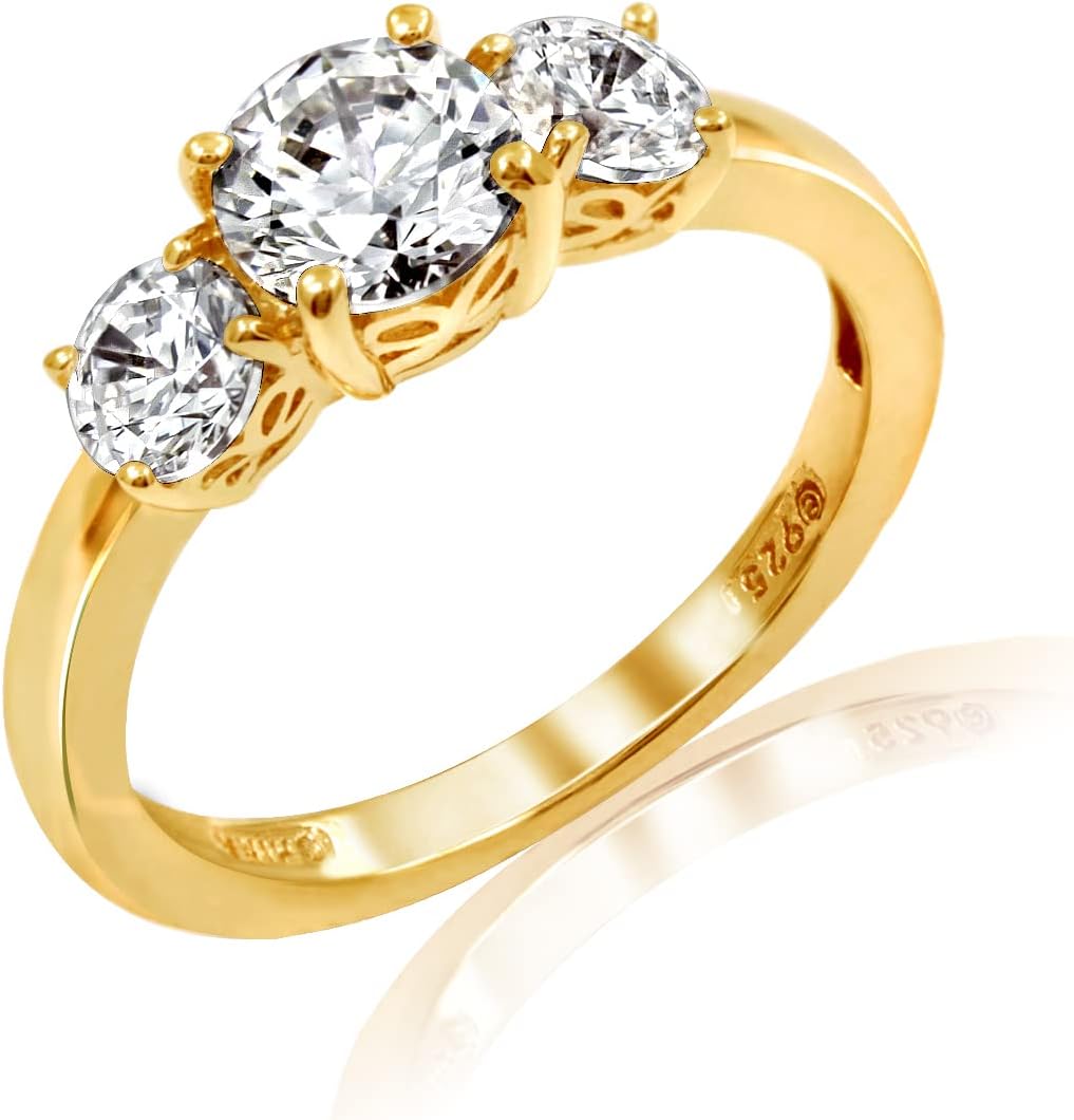 Amazon Essentials Platinum or Gold Plated Sterling Silver Round 3-Stone Ring made with Infinite Elements Cubic Zirconia previously Amazon Collection