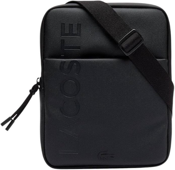 Lacoste Men's L.12.12 Branded Zippered Medium Flat Bag, Men's Flat Bag, Black