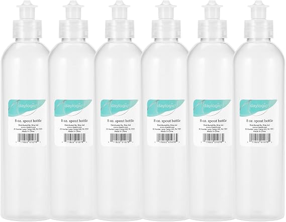 Daylogic Spout Bottle, Refillable Container, Plastic, Translucent, Empty Bottle, Flip Top, For Lotions, Shampoos, Or Other Liquids, Multipurpose & Travel-Friendly, Mess-Free, 8 oz., 6 Count