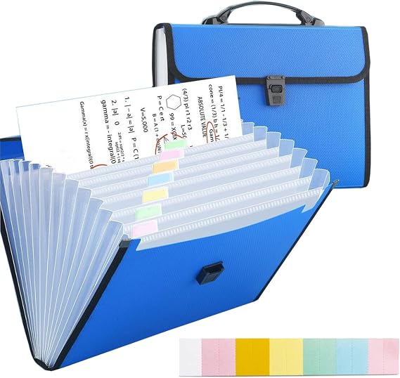 13 Pockets A4 File Folder with Handle Plastic Expanding File Folder for Office School Home with Label Slots - Blue