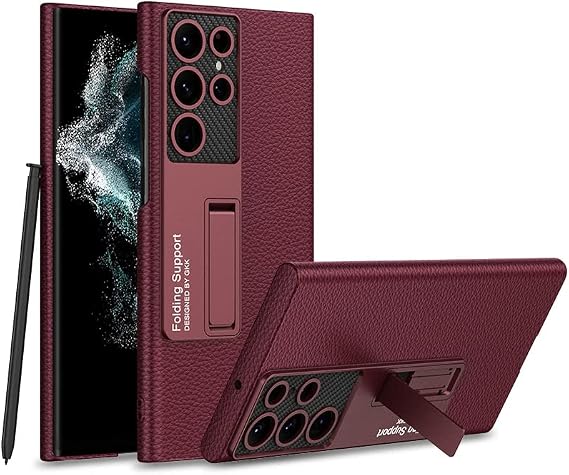 Galaxy S22 Ultra Case,Litchi Texture Leather Ultra Thin Magnetic Stand Phone Case,Cool Shell Support Wireless Charging,Cover for Samsung Galaxy S22 Ultra 5G-Red