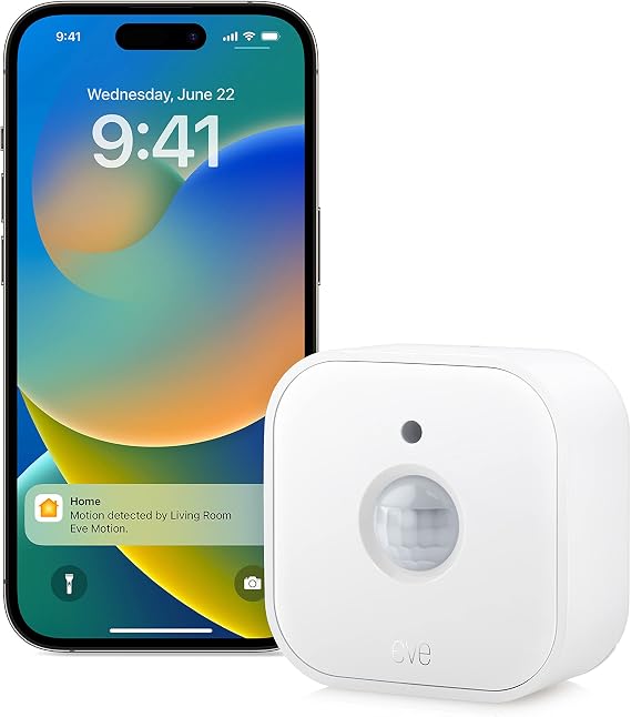 Eve Eve Motion (Matter) White Motion Detector, IPX3 Water Resistance, Light Sensor, 9 m Detection Range, Battery Powered, Matter-enabled, Thread-enabled