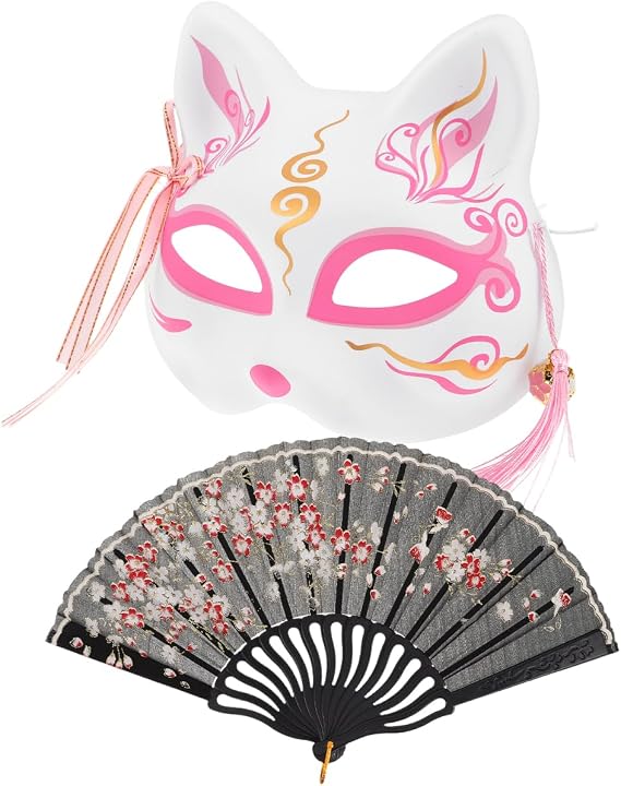 minkissy Halloween Fox Mask with Decorative Folding Hand Fan Japanese Cosplay Animal Half Mask for Masquerade Party and Stage Performance