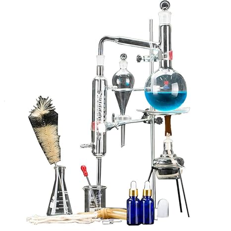 New Lab Essential Oil Extraction Distillation Apparatus Water Distiller Purifier Glassware Kits Hydrosol, Moonshine, Alcohol Distiller 24pcs 500ML