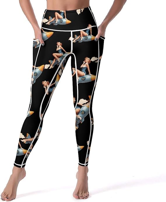 WWII Pin Up Women's Yoga Pants Stretch Leggings with Pockets High Waist for Workout