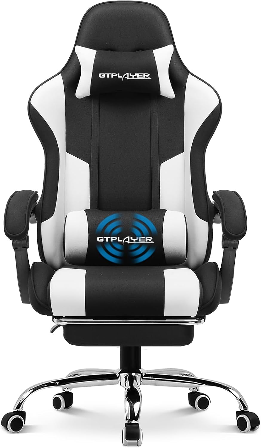 GTPLAYER Gaming Chair, Computer Chair with Footrest and Lumbar Support, Height Adjustable Game Chair with 360°-Swivel Seat and Headrest and for Office or Gaming Fabric, Black & Light Gray