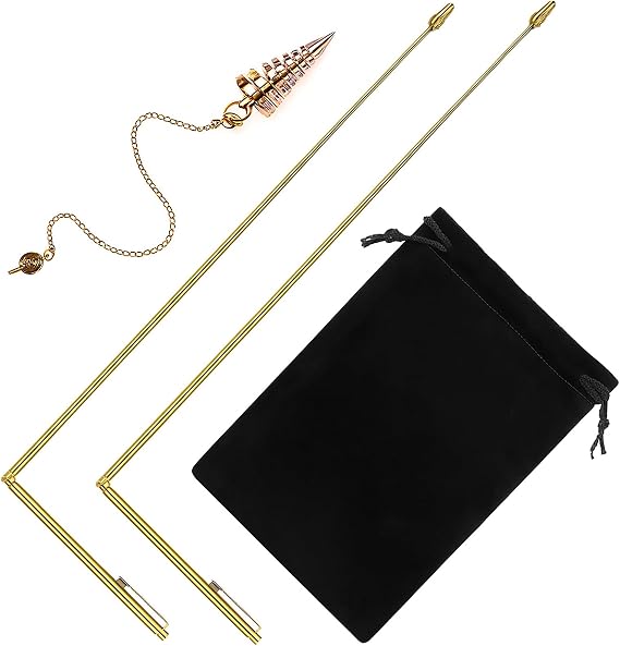 Jadive 3 Piece Copper Dowsing Rod Set, Retractable Divining Rods with Pendulum and Storage Bag for Water Finding, Treasure Locating, Outdoor Exploration(Gold)